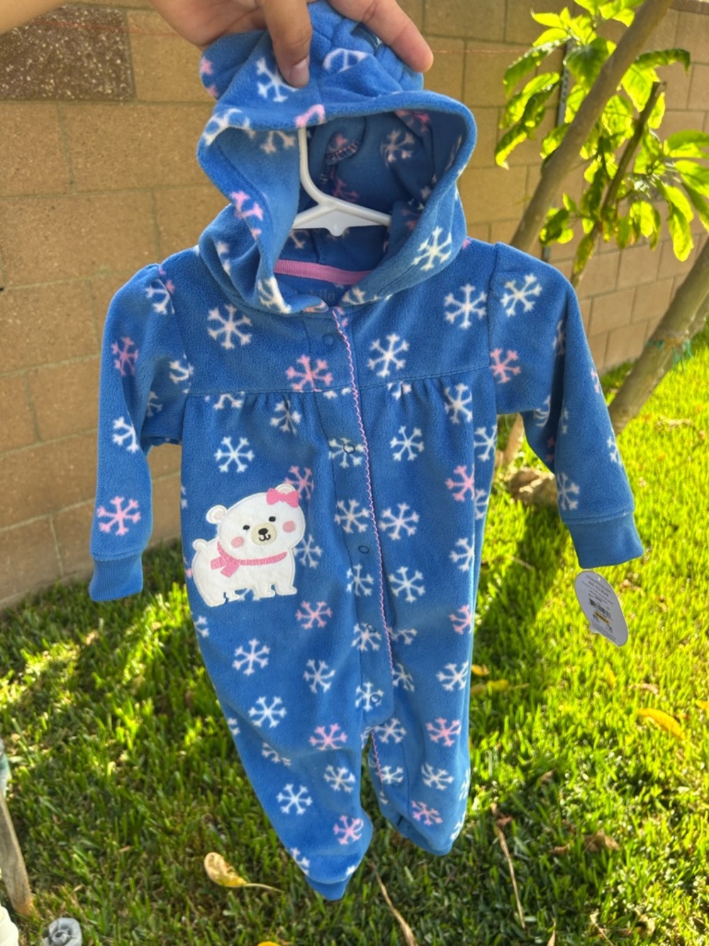 Carter's Blue Hooded Fleece One-Piece with Snowflake & Bear Applique